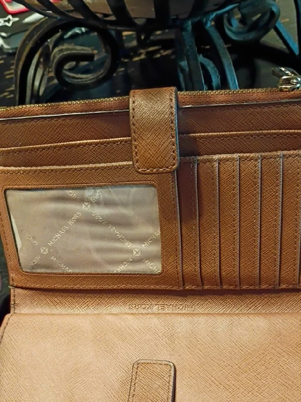 Michael Kors Saffiano Zip Wallet in Cognac Brown with Gold Logo